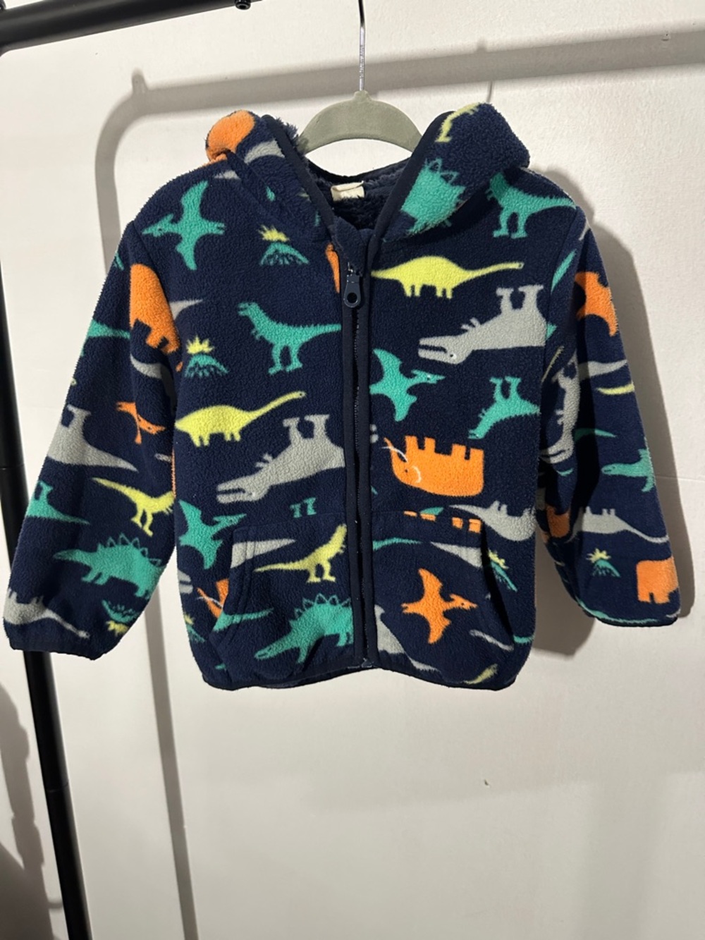 Amazon Navy Hooded Fleece Jacket with Colorful Dinosaur Print
